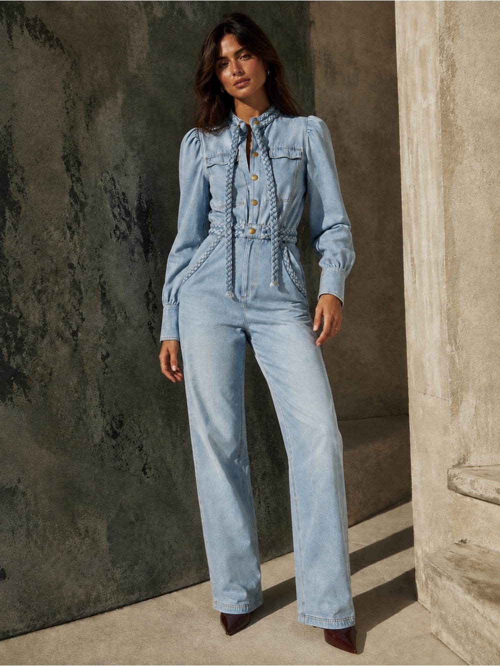 Elliatt NWT Country Braided Denim Jumpsuit in Light Wash, Gold Hardware, Sz XL